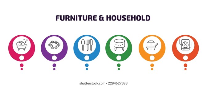 furniture  household infographic template with icons and 6 step or option. furniture  household icons such as bath, dining table, silverware, footstool, lounger, heating unit vector. can be used
