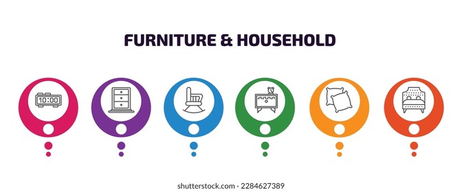 furniture  household infographic template with icons and 6 step or option. furniture  household icons such as table clock, cabinet, rocking chair, night stand, pillows, headboard vector. can be