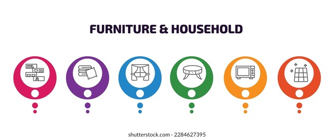 furniture  household infographic template with icons and 6 step or option. furniture  household icons such as shelf, linens, window, coffee table, microwave, floor vector. can be used for banner,