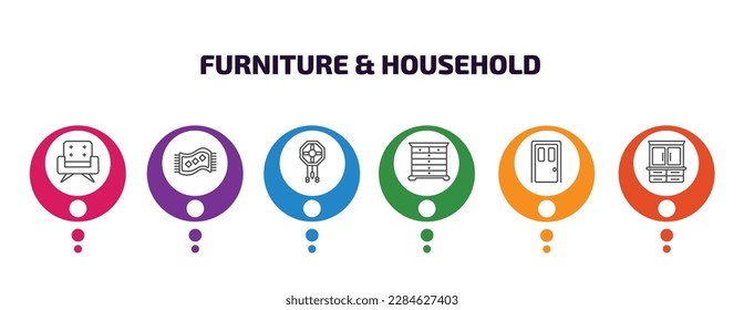 furniture  household infographic template with icons and 6 step or option. furniture  household icons such as fauteuil, rugs, adornment, chest of drawers, door, armoire vector. can be used for