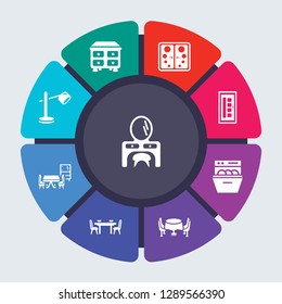 furniture and household vector template for infographics. Business concept with 9 options, steps, parts, segments. Banner infographic cycling diagram, round chart, Dressing table, Drawers icons