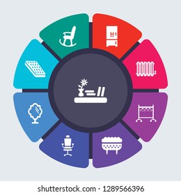 furniture and household vector template for infographics. Business concept with 9 options, steps, parts, segments. Banner infographic cycling diagram, round chart, Shelf, Rocking chair icons