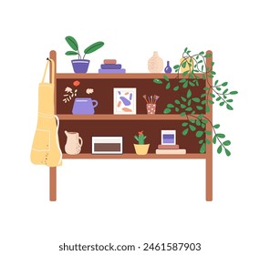 Furniture with houseplants in pots, books, pictures on shelves. Wooden shelving, rack with home plants, vases, hanging apron. Interior decoration. Flat isolated vector illustration on white background