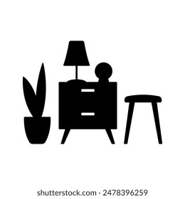 Icono de muebles. Mesita de noche, maceta, taburete. Silueta negra. Vista frontal. Vector simple ilustración gráfica plana. Objeto aislado sobre fondo blanco. Aislar.