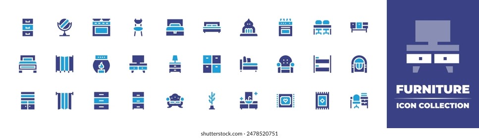 Furniture icon collection. Duotone color. Vector illustration. Containing tvtable, mirror, furniture, couch, bed, window, screen, nightstand, sofabed, cabinet, chair, oven, ash.