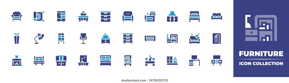 Icono de muebles colección. Color duotono. Ilustración vectorial. Conteniendo lámpara de mesa, cajón, silla, cómoda, gabinete, fregadero, sillón, alfombra mágica, paraguas y armario.