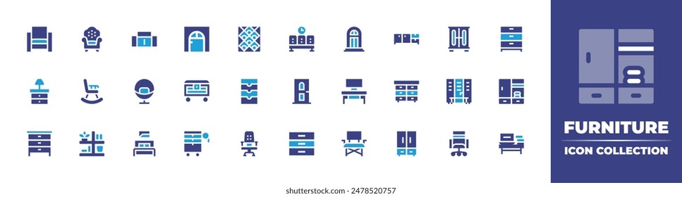 Furniture icon collection. Duotone color. Vector illustration. Containing rockingchair, sofa, chair, door, waitingroom, armchair, bedsidetable, ottoman, wineshelf, file.