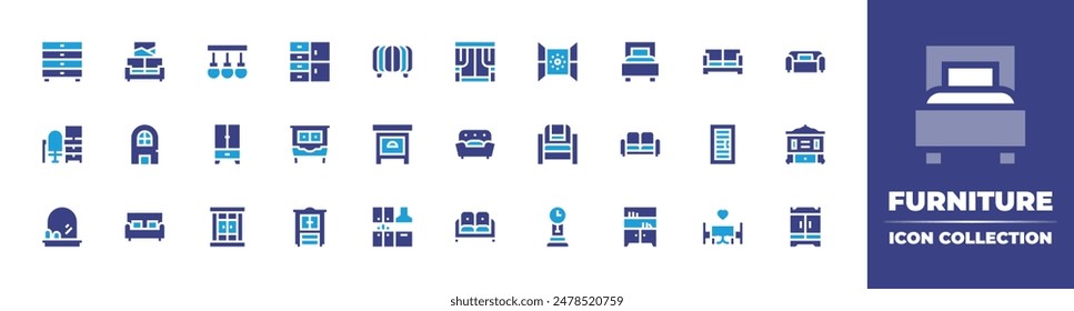 Furniture icon collection. Duotone color. Vector illustration. Containing office, mirror, closet, window, door, furniture, kitchen, bedsidetable, cupboard, livingroom.