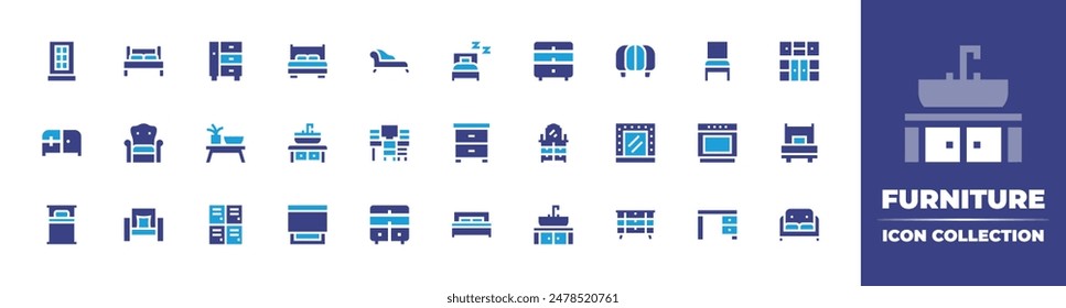 Furniture icon collection. Duotone color. Vector illustration. Containing singlebed, cabinet, armchair, diningtable, chestofdrawers, locker, blind, sink, worktable.