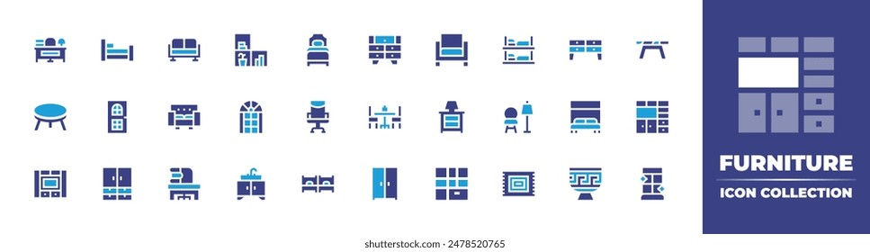 Furniture icon collection. Duotone color. Vector illustration. Containing restroom, coffeetable, sofa, table, closet, window, door, tv, office, singlebed, officechair.