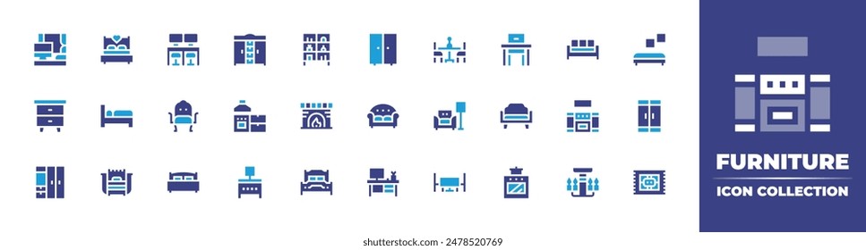 Furniture icon collection. Duotone color. Vector illustration. Containing nightstand, coworking, wardrobe, office, bed, kitchen, chair, fireplace, shelving, doublebed, laundry.