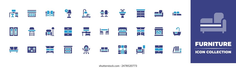 Furniture icon collection. Duotone color. Vector illustration. Containing furniture, table, chestofdrawers, window, desklamp, workspace, archive, highchair, couch, noticeboard.