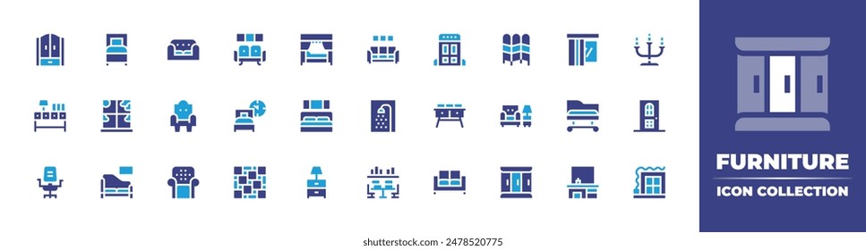 Icono de muebles colección. Color duotono. Ilustración vectorial. Conteniendo cajón, sofá, ventana, sueño, lugar de trabajo, asiento, armario, cama, mesita de noche, piso, dormitorio, chaiselongue.