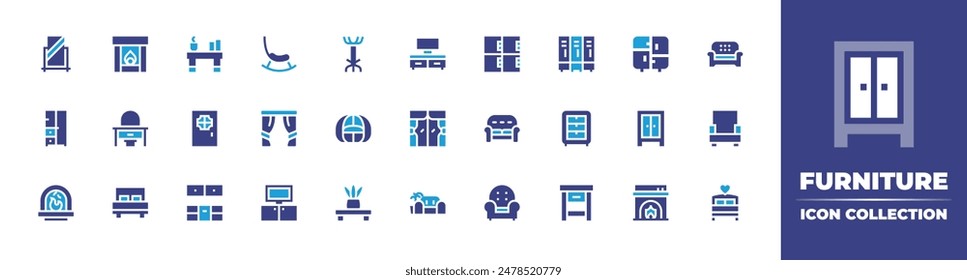 Furniture icon collection. Duotone color. Vector illustration. Containing dressingtable, curtains, mirror, wardrobe, door, table, rockingchair, beanbag, coatrack, fireplace.