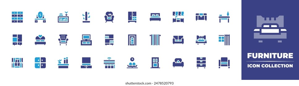 Furniture icon collection. Duotone color. Vector illustration. Containing coatstand, homeentertainmentsystem, tv, tidy, window, dressingtable, closet, bed, cabinet, armchair, shelf.