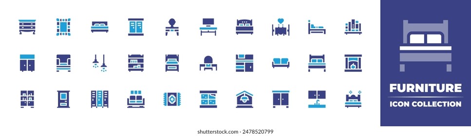 Furniture icon collection. Duotone color. Vector illustration. Containing door, frame, ceilinglamp, cabinet, closet, lockers, lowboy, doublebed, armchair.