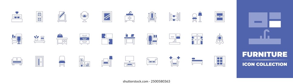 Furniture icon collection. Duotone style line stroke and bold. Vector illustration. Containing workspace, shelf, door, mirror, workplace, chair, bed, sofa, storage, cabinet, modernchair.