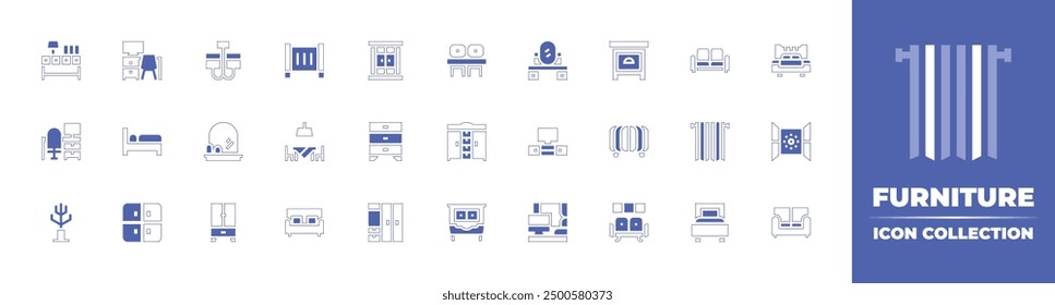 Furniture icon collection. Duotone style line stroke and bold. Vector illustration. Containing office, coatstand, mirror, closet, wardrobe, nightstand, diningtable, cabinet, livingroom, bed.