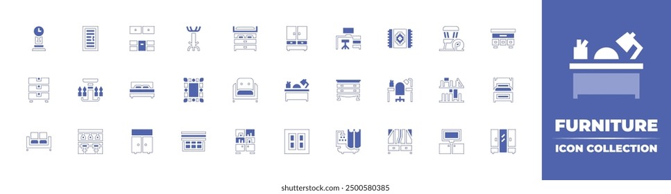 Möbelsymbolsammlung. Duotone Stil Linie Strich und fett. Vektorgrafik. Mit Rahmen, Tür, Wechseltisch, Küchenschrank, Sessel, Doppelbett, Schubladen, Garderobe, Uhr, Kronleuchter.