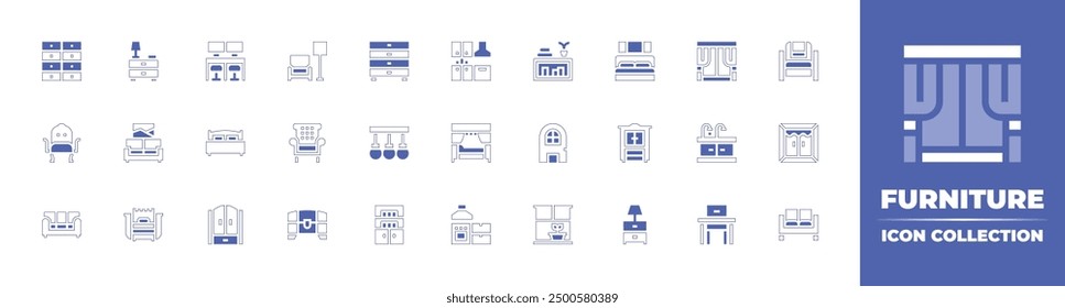 Furniture icon collection. Duotone style line stroke and bold. Vector illustration. Containing drawers, coworking, lamps, bed, chair, nightstand, cabinet, armchair, livingroom, couch.