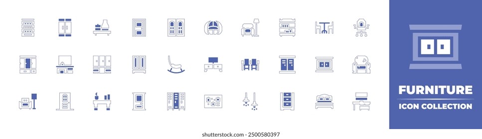 Furniture icon collection. Duotone style line stroke and bold. Vector illustration. Containing shelf, cupboard, wardrobe, shelves, dressingtable, window, door, rockingchair, closet.