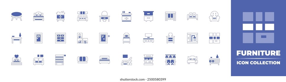 Furniture icon collection. Duotone style line stroke and bold. Vector illustration. Containing coffeetable, sofa, storage, wardrobe, door, doublebed, table, blind, nightstand, ottoman.