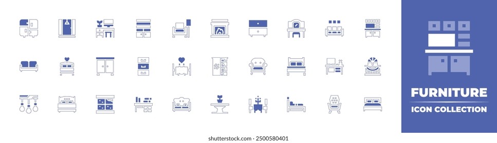 Möbelsymbolsammlung. Duotone Stil Linie Strich und fett. Vektorgrafik. Mit Schreibtisch, Sofa, Schublade, Dusche, Fenster, Kronleuchter, Schrank, Sessel, Bett, romantisch, Schrank, Regal.