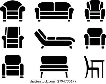 Furniture icon collection featuring sofas chairs armchairs in various design styles