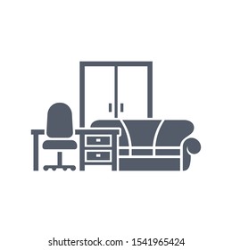 Furniture icon - combination with wardrobe, sofa, table and chair - isolated monochrome vector pictogram