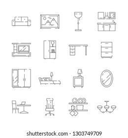 Furniture icon. Desk office and home chair table bed workplace tools for room vector thin line symbols