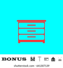 Furniture icon flat. Red pictogram on blue background. Vector illustration symbol and bonus buttons Music center, corkscrew, credit card, house, drum