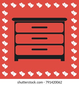Furniture icon flat. Simple black pictogram on red background with white hearts for valentines day. Vector illustration symbol