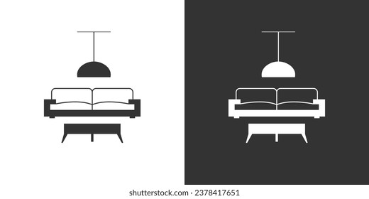 Furniture icon on black and white background. Sofa, coffee table, lampshade. Vector interior icon