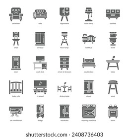 Furniture icon pack for your website design, logo, app, and user interface. Furniture icon glyph design. Vector graphics illustration and editable stroke.