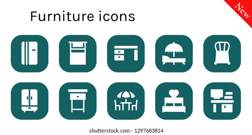  furniture icon set. 10 filled furniture icons. Simple modern icons about  - Refrigerator, Bed, Desk, Sunbed, Chair, Wardrobe, Nightstand, Chairs