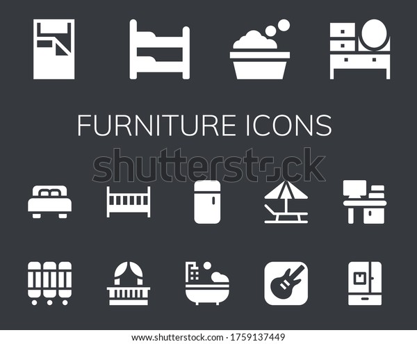 furniture icon set. 14\
filled furniture icons.  Simple modern icons such as: Bed, Bunk\
bed, Bathtub, Dressing table, Room divider, Balcony, Cot, Fridge,\
Garage band, Sunbed,\
Desk