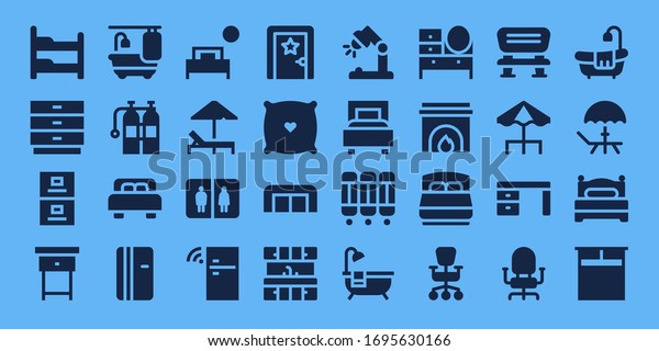 furniture\
icon set. 32 filled furniture icons. Included Bunk bed, Drawers,\
Filing cabinet, Nightstand, Bathtub, Oxigen, Bed, Refrigerator,\
Sunbed, Bathroom, Fridge, Dressing room\
icons
