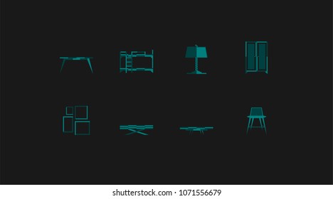 Furniture icon set of 8 : coffee table, kids bed, table lamp, cabinet, frames, bench, dining table and bar stool. Vector