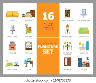 Furniture icon set. Bed, book shelve, bathtub, couch, living room. Housing concept. Can be used for topics like online store, apartment design, interior