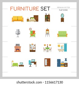 Furniture icon set. Bed, book shelve, bathtub, couch, living room. Housing concept. Can be used for topics like online store, apartment design, interior