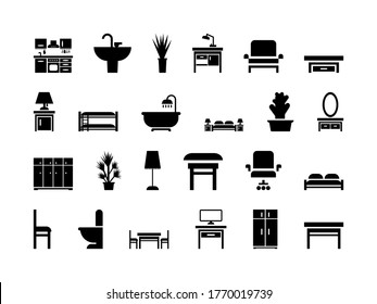 Furniture icon set. Black and white isolated vector illustration.