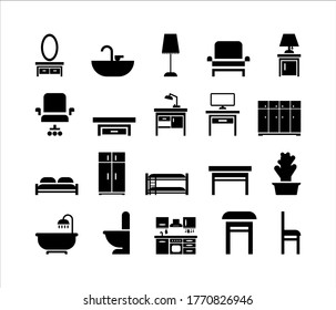 Furniture icon set. Black and white isolated vector illustration.