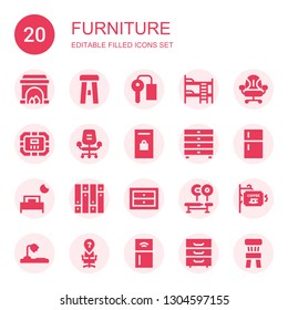 furniture icon set. Collection of 20 filled furniture icons included Fireplace, Stool, Key room, Bunk bed, Desk chair, Poker table, Locker, Drawers, Fridge, Bed, Parquet, Bench