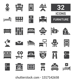 furniture icon set. Collection of 32 filled furniture icons included Medical bed, Bed, Chair, Drawers, Fireplace, Fridge, Stool, Signboard, Single bed, Bench, Cabinet, Desk chair