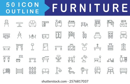 Furniture icon set collection. Consist of Chair, Glass table, Wardrobe, Nightstand, Buffet, Computer desk, Living room, Flower pot. Simple vector outline illustration.