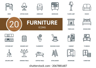 Furniture icon set. Collection of simple elements such as the desk, office chair, armchair, double bed, kitchen set, flowerpot, bookcase.