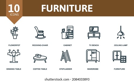 Furniture icon set. Collection of simple elements such as the desk, drawer unit, flowerpot, rocking-chair, tv bench, dinning table, stepladder.