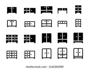 Furniture icon set. Containing cupboard, wardrobe, drawer and cabinet icon isolated on white background.