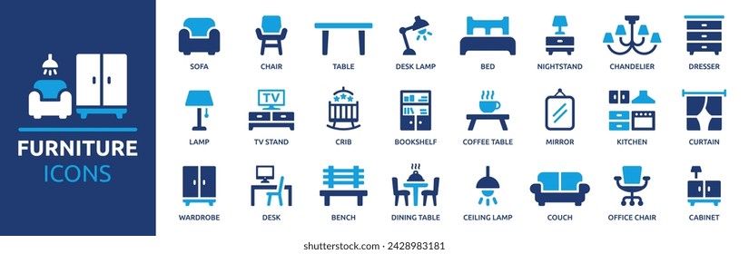 Furniture icon set. Containing sofa, chair, table, bed, lamp, wardrobe, mirror, desk and more. Vector solid icons collection.