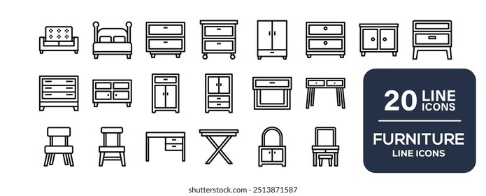 Conjunto de iconos de muebles. Contiene sofá, silla, mesa, cama, lámpara, armario, espejo, escritorio y más. Vector de iconos sólidos colección.